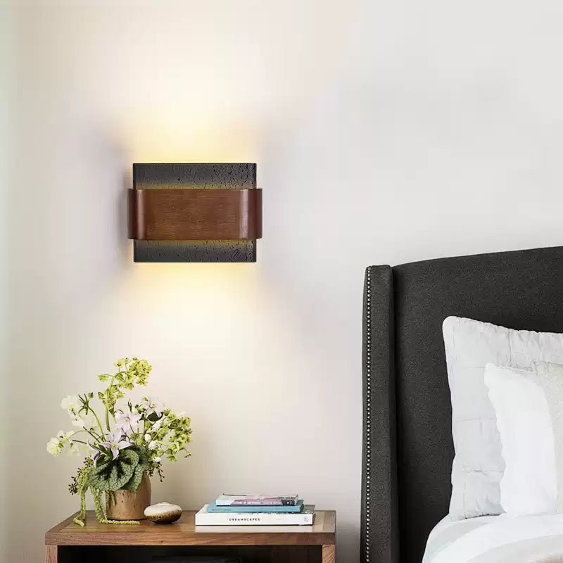 Orin Black Travertine Wall Sconce with Walnut Accent – Modern LED Wall Light