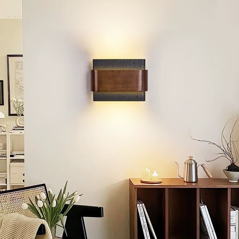 Orin Black Travertine Wall Sconce with Walnut Accent – Modern LED Wall Light