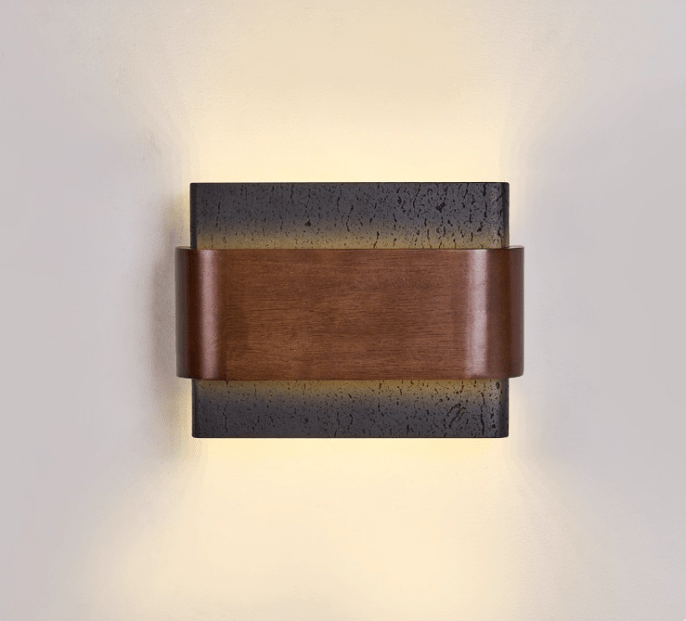 Orin Black Travertine Wall Sconce with Walnut Accent – Modern LED Wall Light