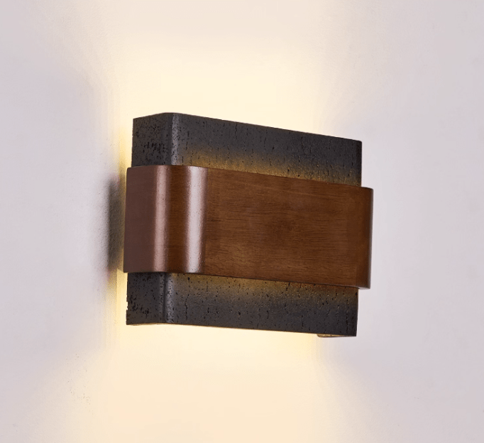 Orin Black Travertine Wall Sconce with Walnut Accent – Modern LED Wall Light