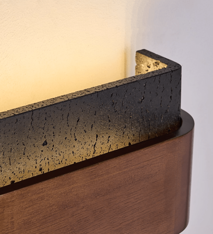 Orin Black Travertine Wall Sconce with Walnut Accent – Modern LED Wall Light