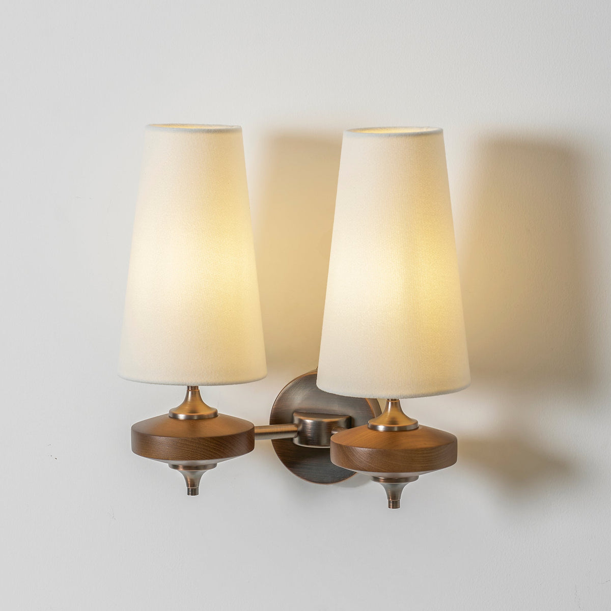 Orlan Twin Fabric Shade Wall Sconce in Walnut and Bronze