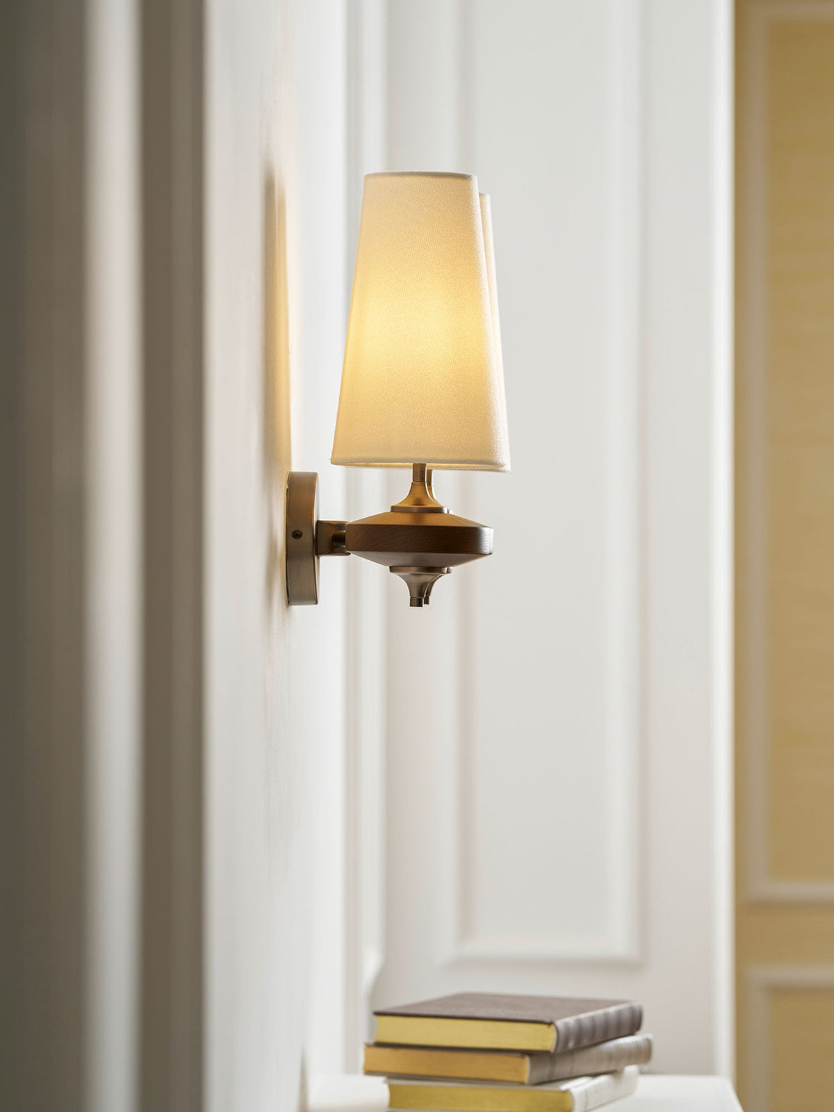 Orlan Twin Fabric Shade Wall Sconce in Walnut and Bronze