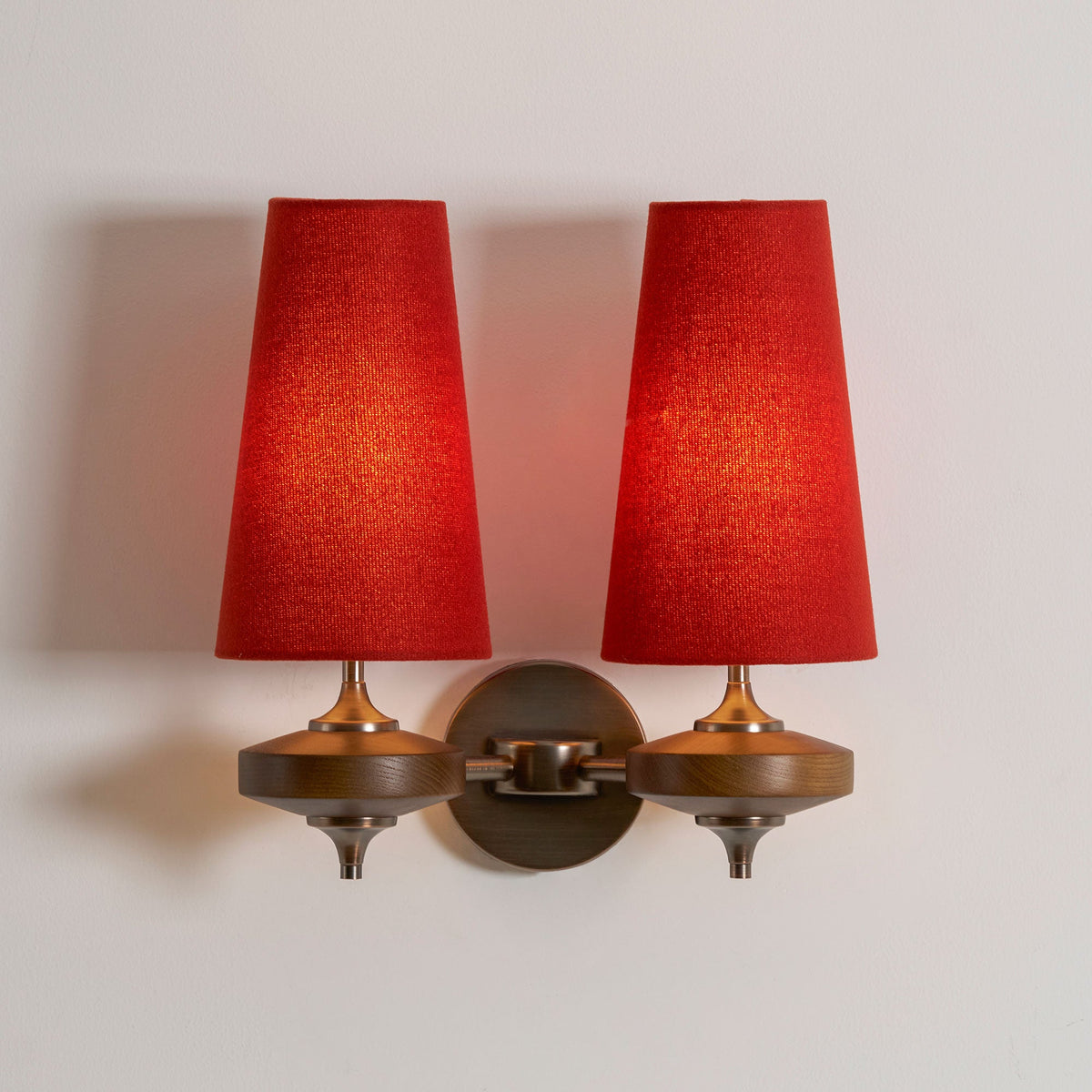 Orlan Twin Fabric Shade Wall Sconce in Walnut and Bronze