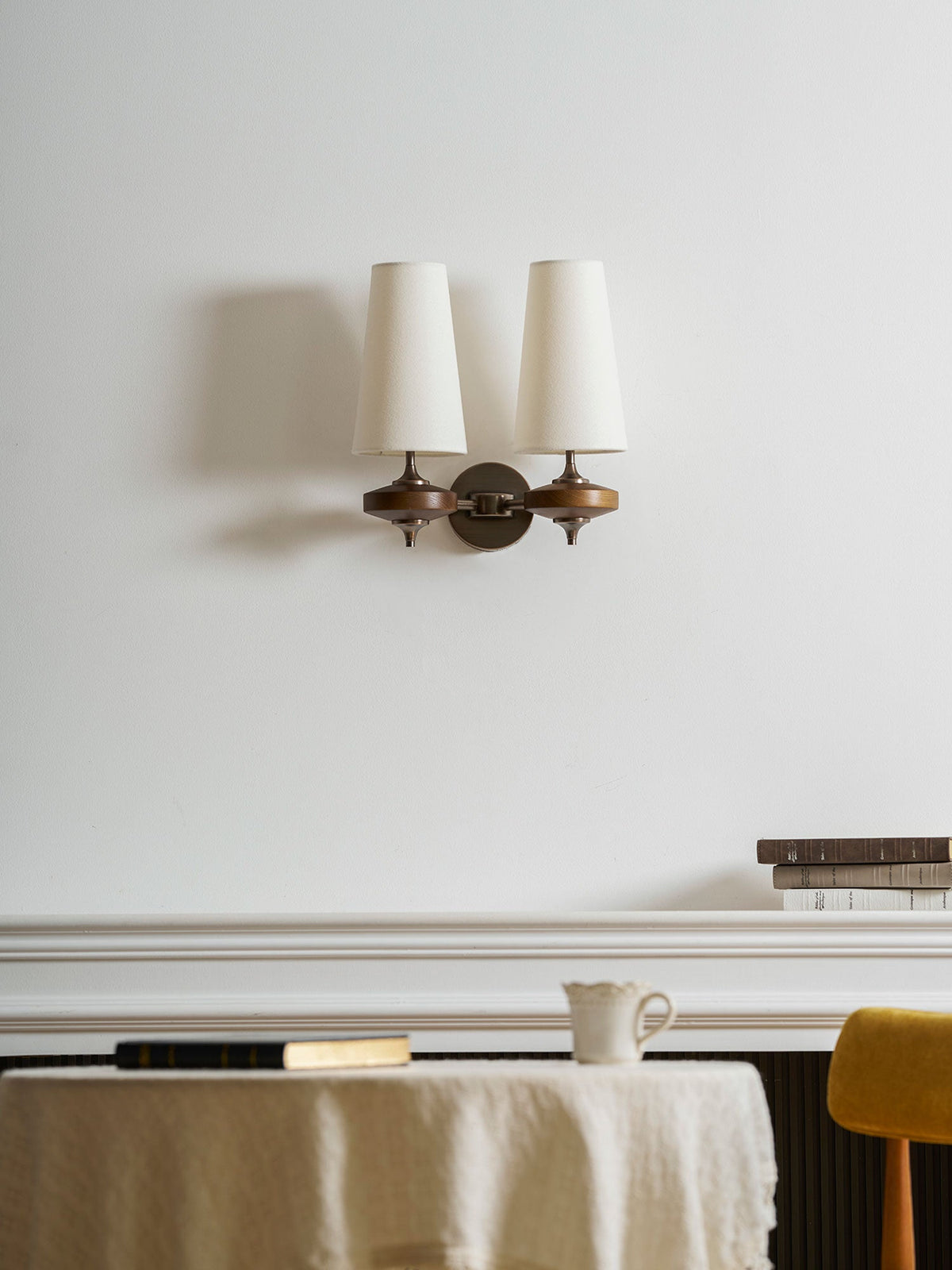 Orlan Twin Fabric Shade Wall Sconce in Walnut and Bronze