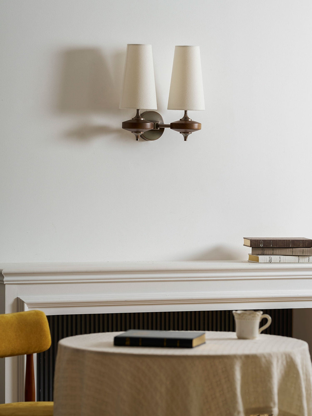 Orlan Twin Fabric Shade Wall Sconce in Walnut and Bronze