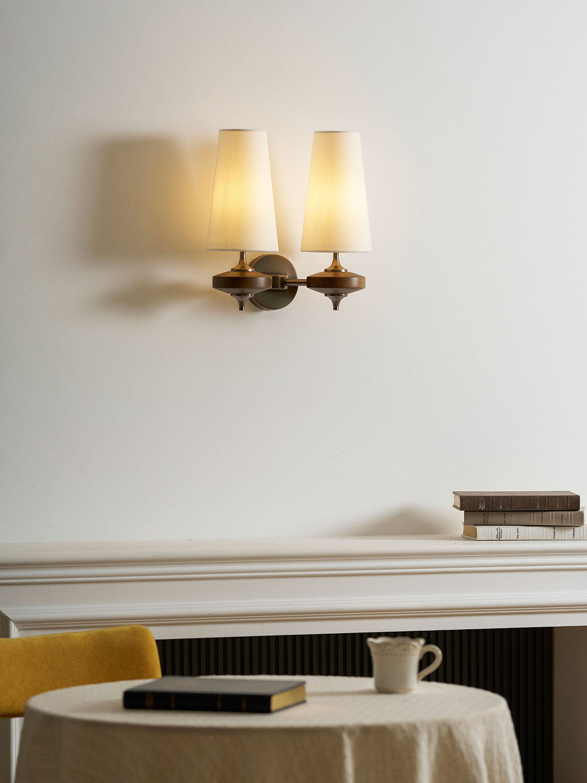 Orlan Twin Fabric Shade Wall Sconce in Walnut and Bronze
