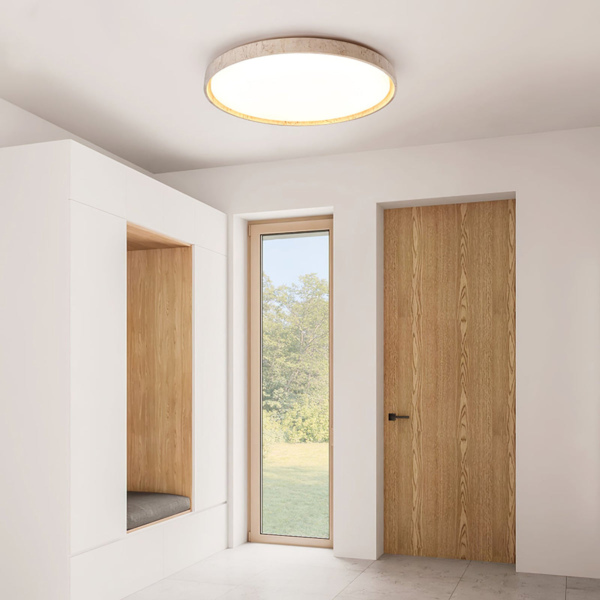 Oro Circle Travertine Flush Mount Ceiling Light