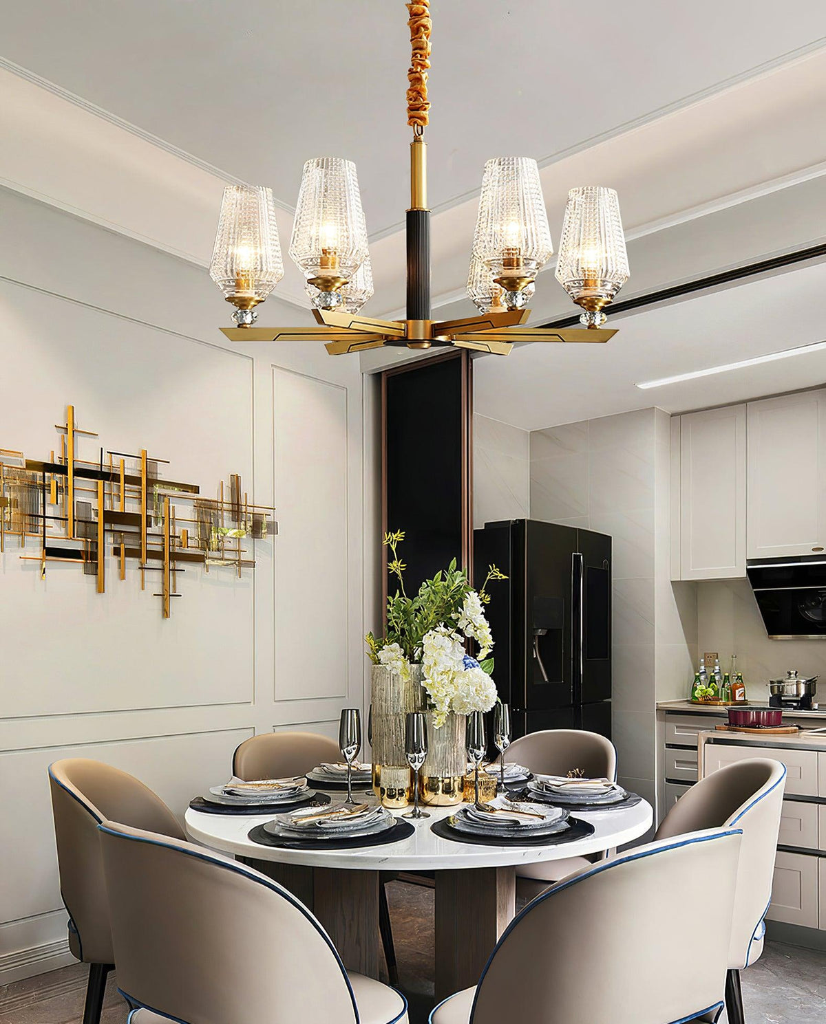 Orrefors Brass Chandelier with Faceted Glass Rings