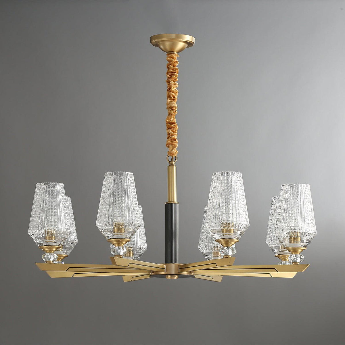 Orrefors Brass Chandelier with Faceted Glass Rings
