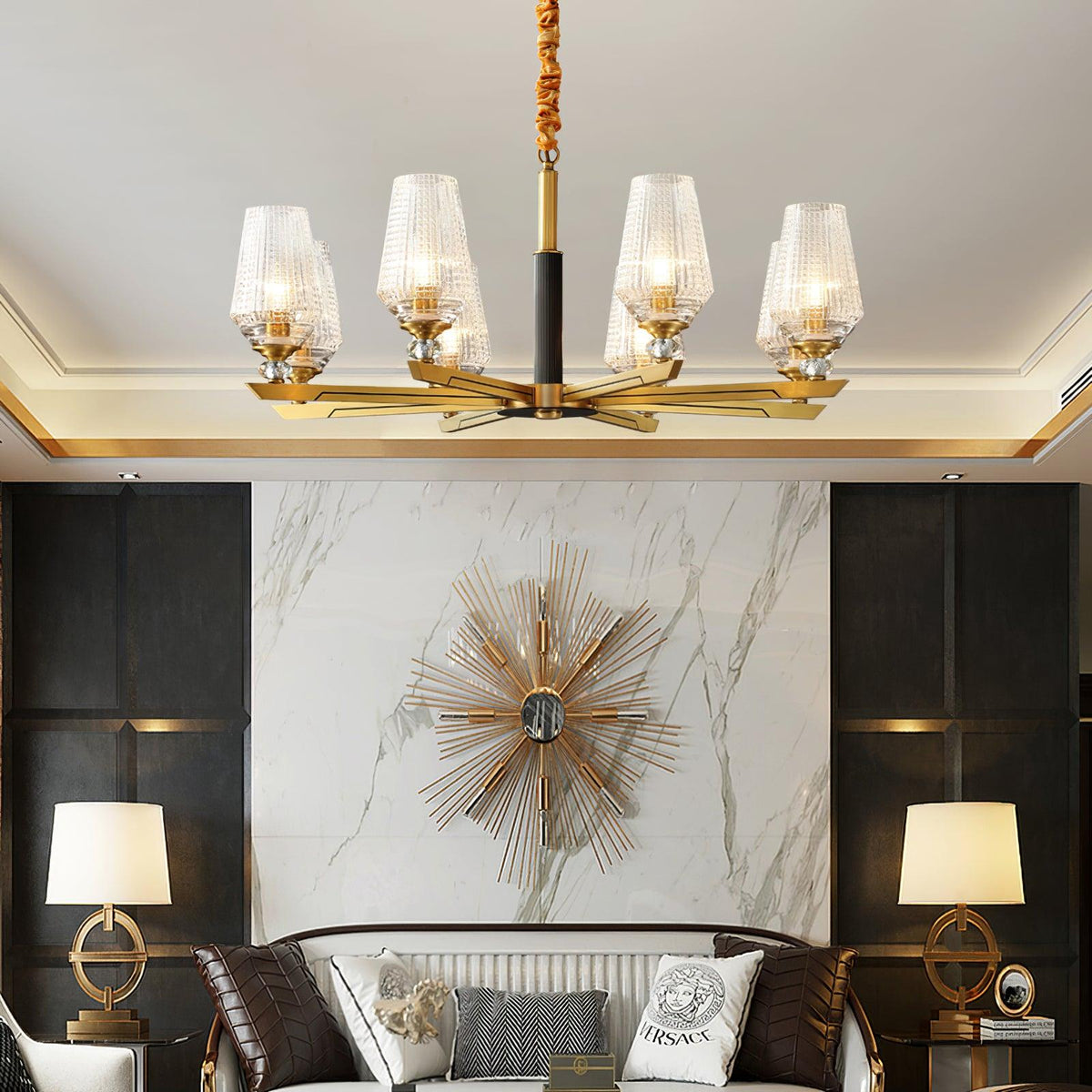 Orrefors Brass Chandelier with Faceted Glass Rings