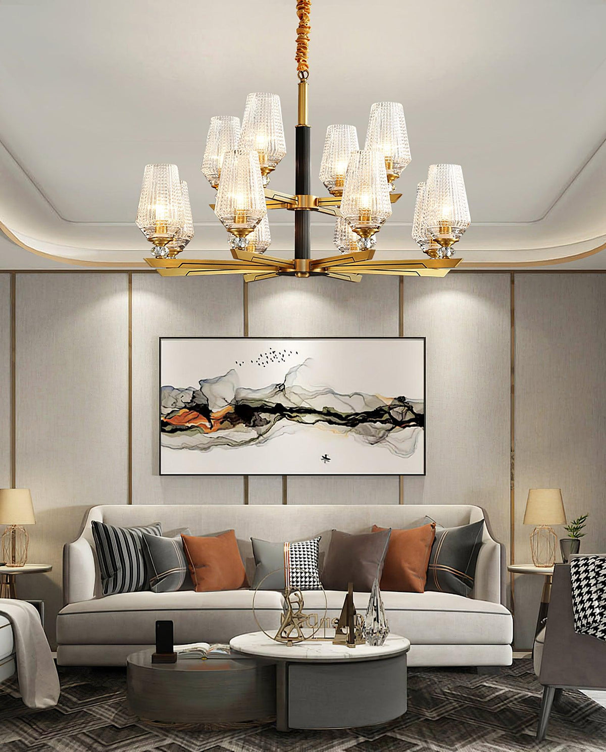 Orrefors Brass Chandelier with Faceted Glass Rings