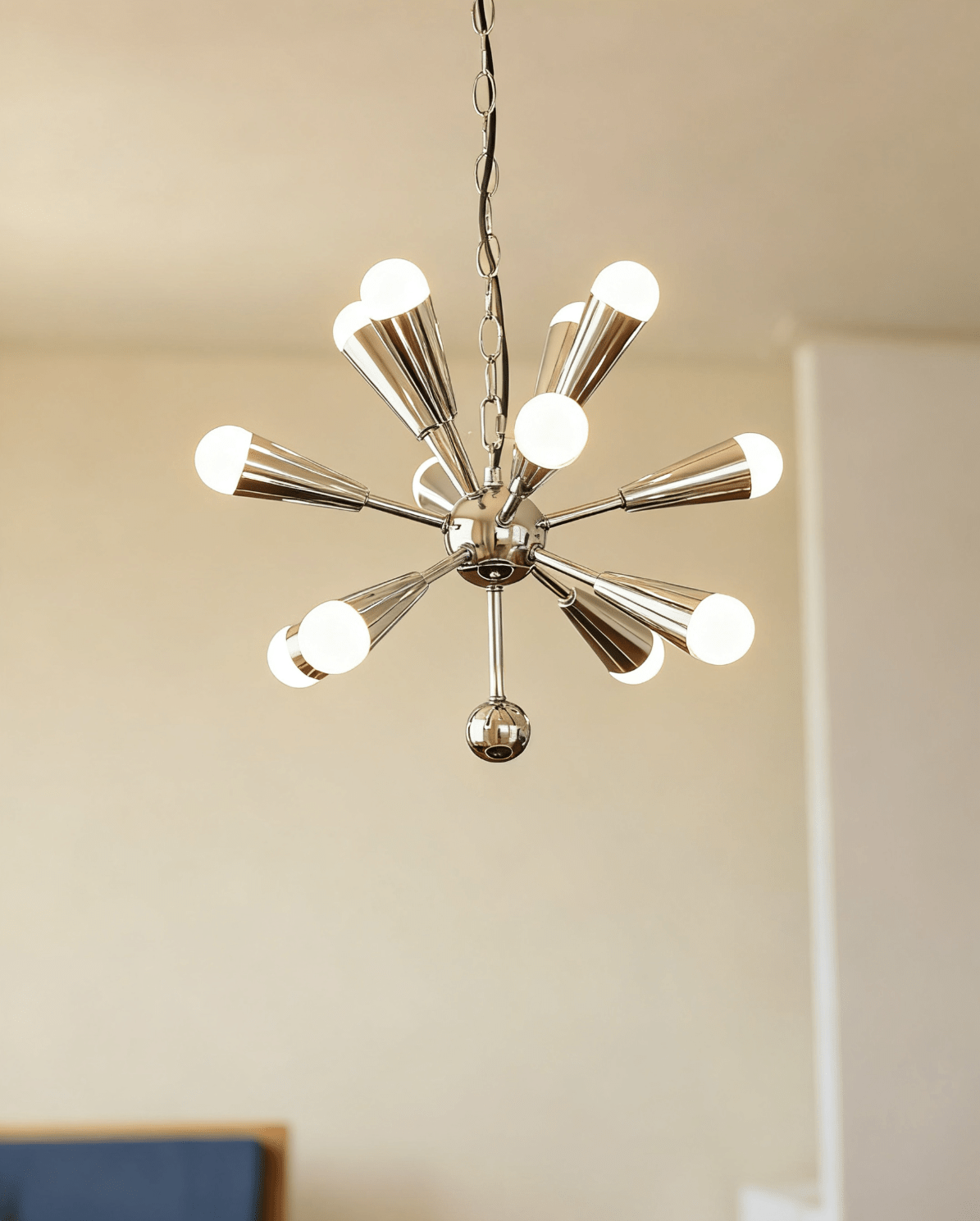 Orvian Chrome Starburst Chandelier, Mid-Century Modern Ceiling Light for Dining Room and Living Space