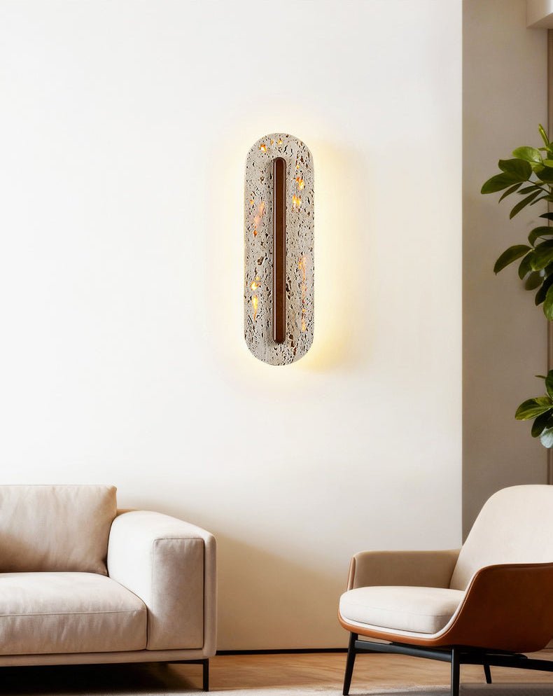 Oryn Travertine Wall Sconce with Walnut Accent – Modern Organic LED Wall Light