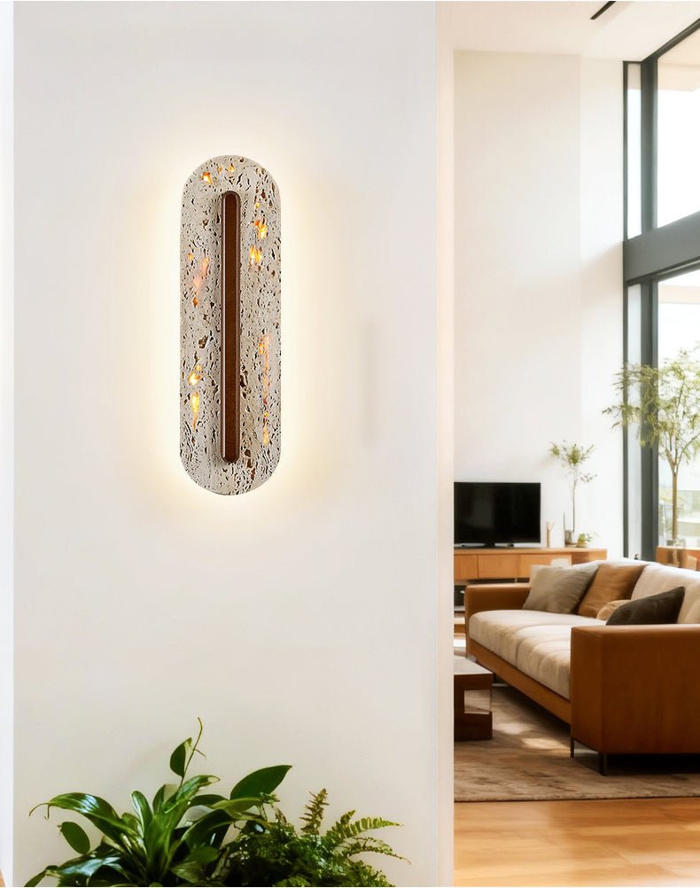 Oryn Travertine Wall Sconce with Walnut Accent – Modern Organic LED Wall Light