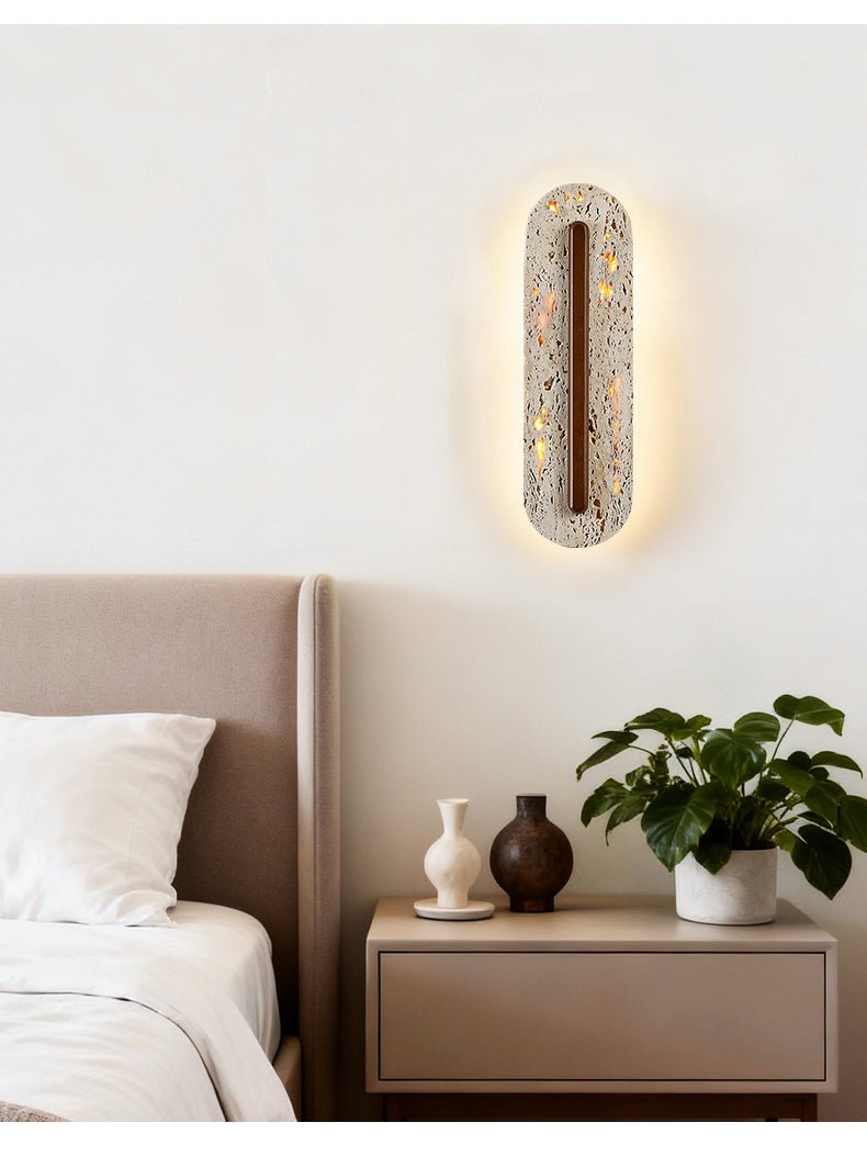 Oryn Travertine Wall Sconce with Walnut Accent – Modern Organic LED Wall Light
