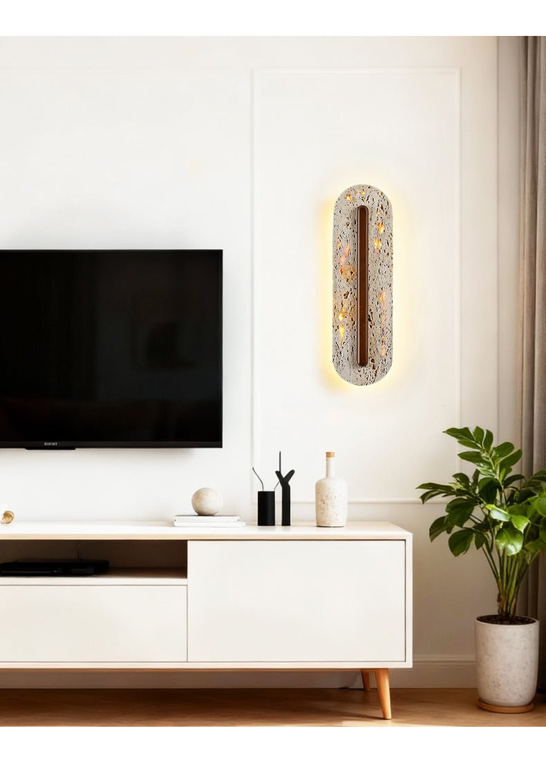 Oryn Travertine Wall Sconce with Walnut Accent – Modern Organic LED Wall Light