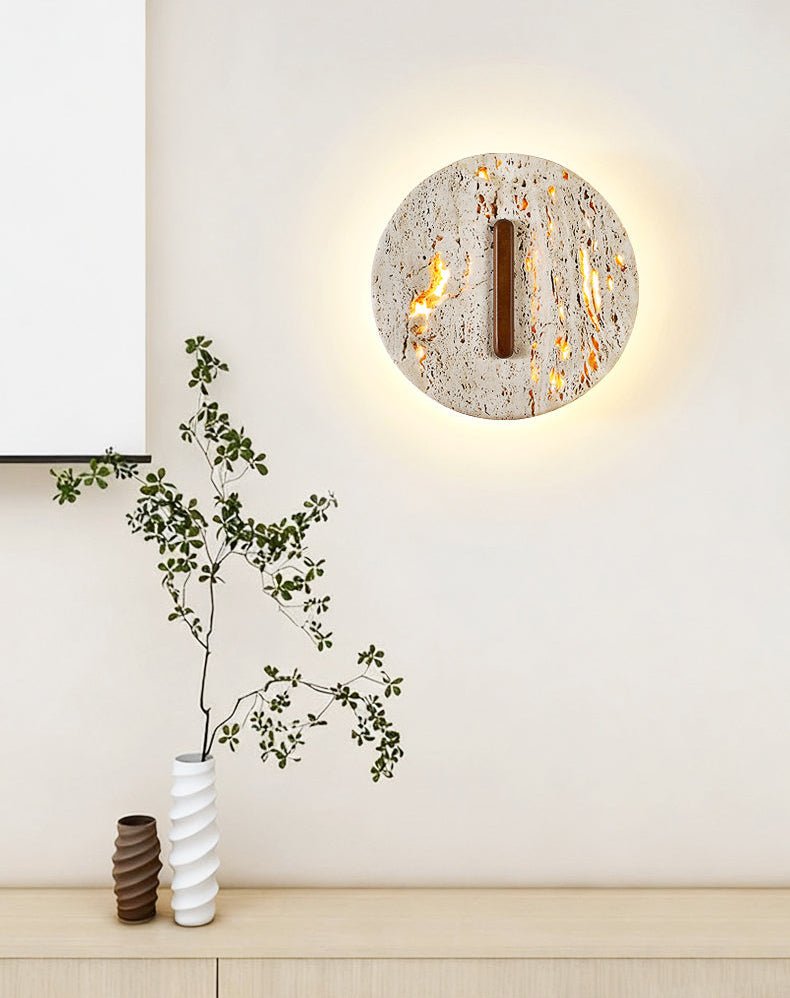 Orynn Wall Lamp in Yellow Travertine with Walnut Accent | Modern LED Wall Sconce