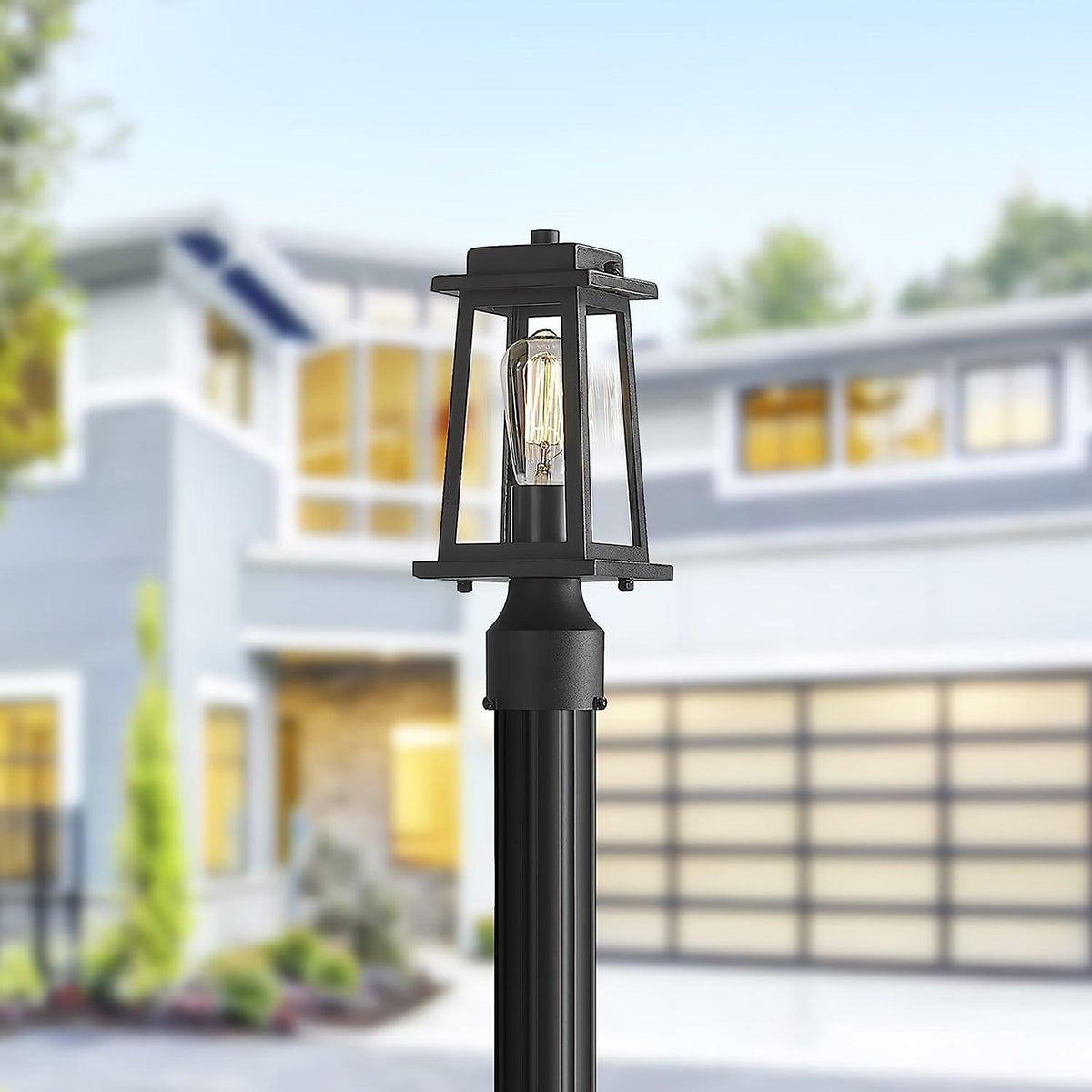 Classic Black Outdoor Lantern Post Light with Tempered Glass Shade