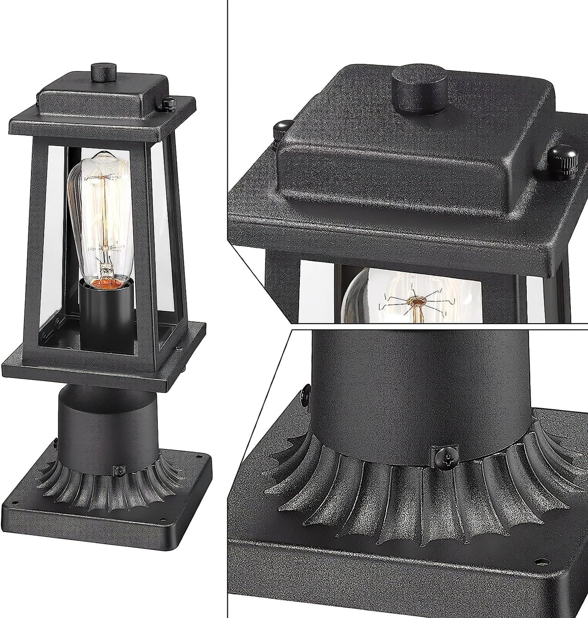 Classic Black Outdoor Lantern Post Light with Tempered Glass Shade