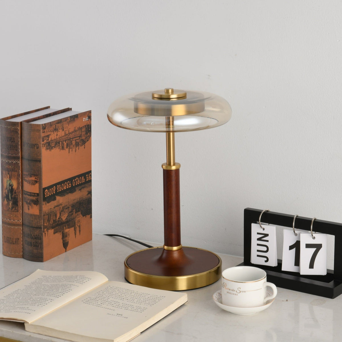 Ovalo Table Lamp with Glass Shade and Walnut Wood Base