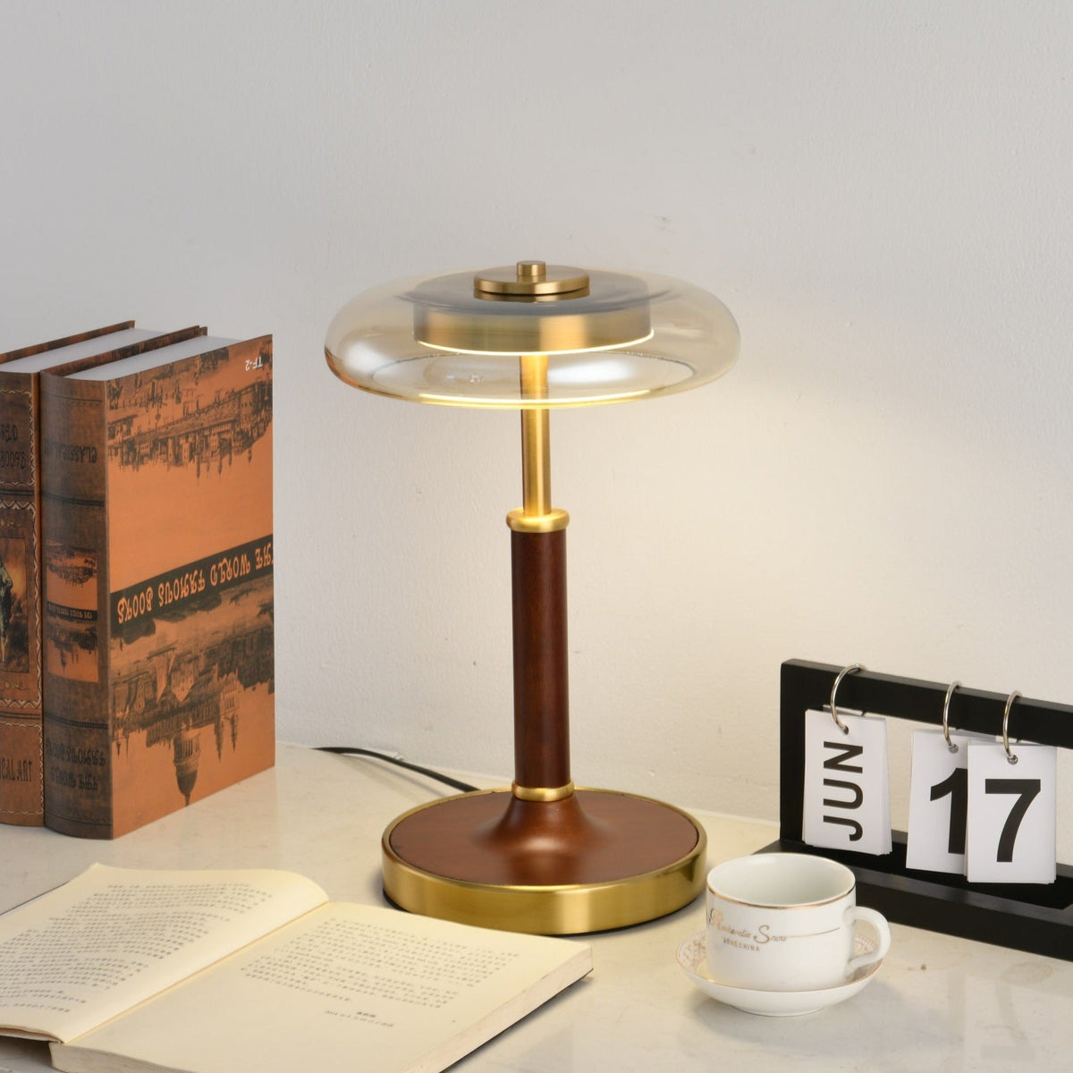 Ovalo Table Lamp with Glass Shade and Walnut Wood Base