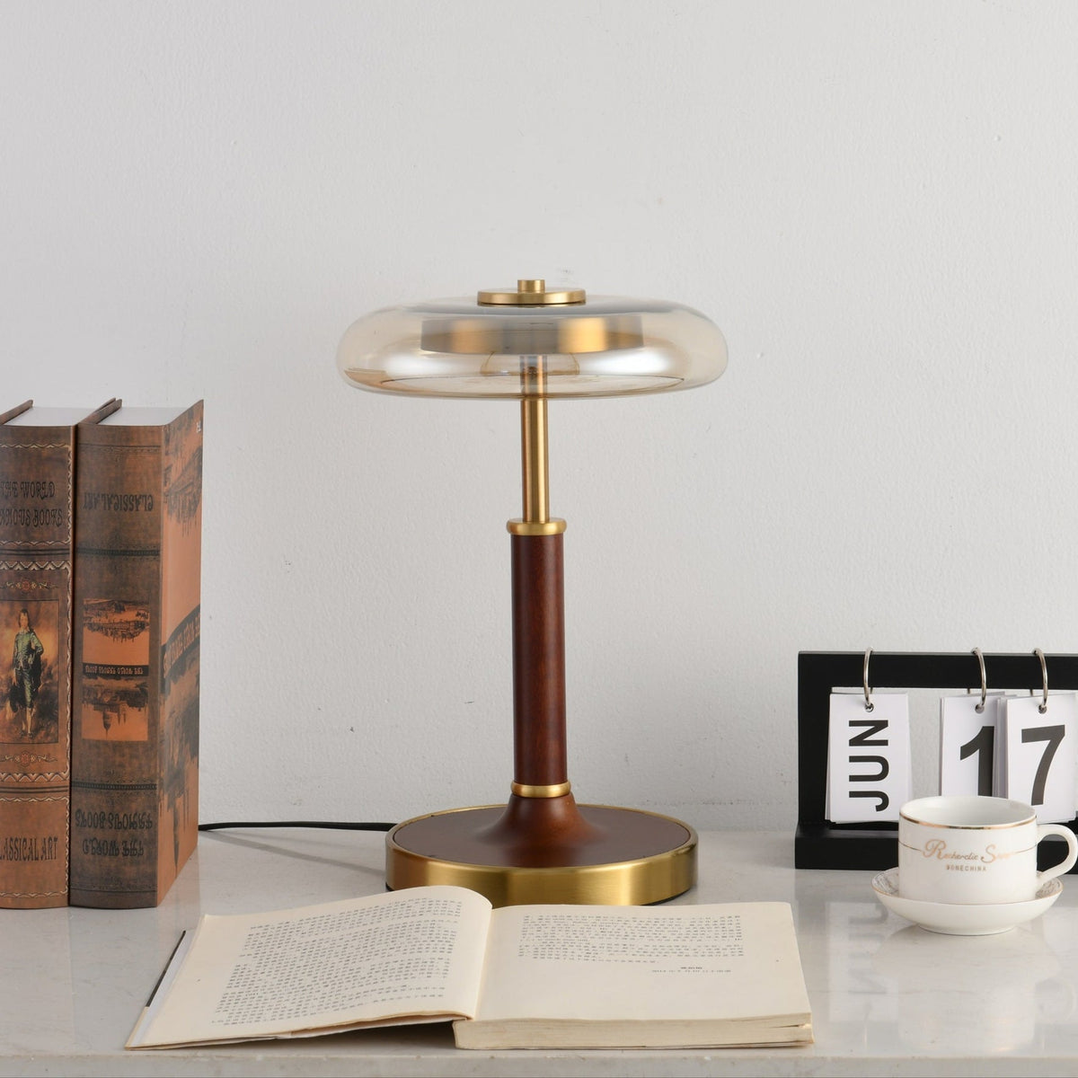 Ovalo Table Lamp with Glass Shade and Walnut Wood Base