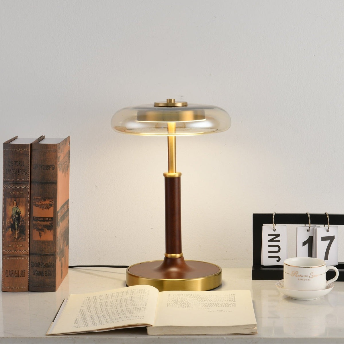 Ovalo Table Lamp with Glass Shade and Walnut Wood Base