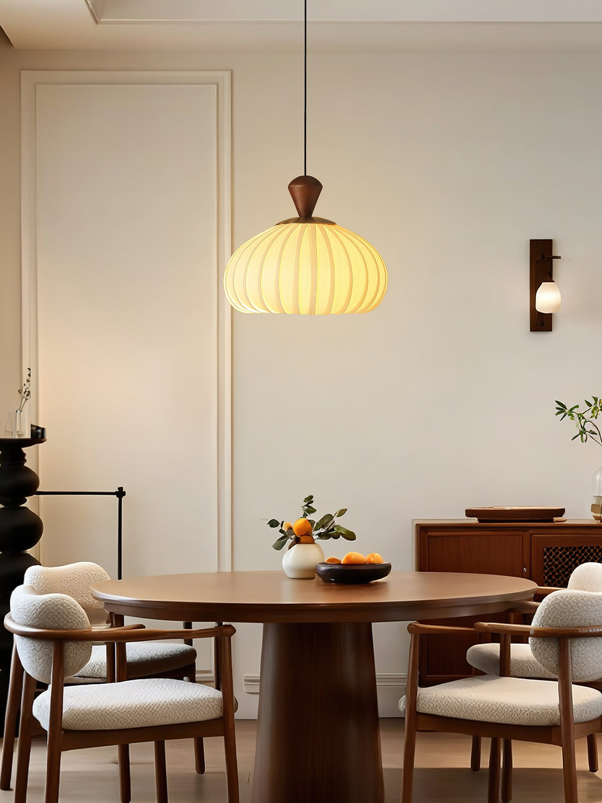 Ovola Pleated Pendant Light – Modern Wood & Fabric Drum Shade