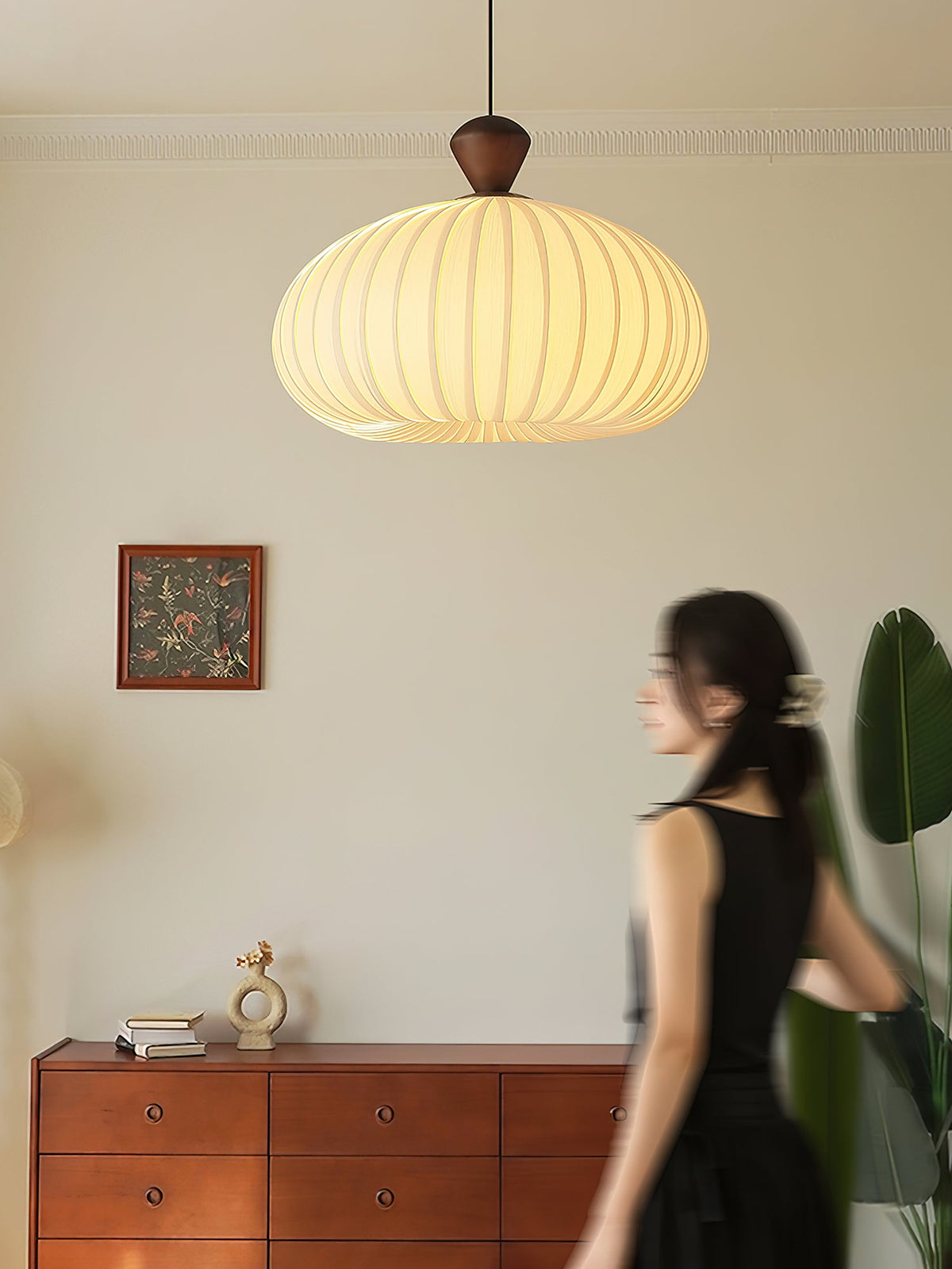 Ovola Pleated Pendant Light – Modern Wood & Fabric Drum Shade