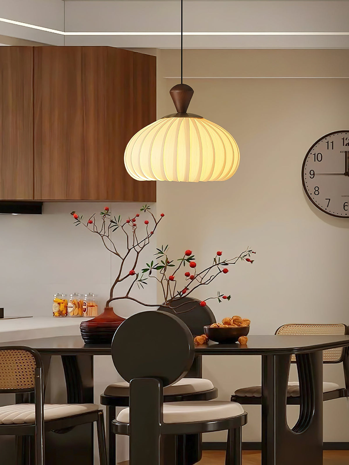 Ovola Pleated Pendant Light – Modern Wood & Fabric Drum Shade