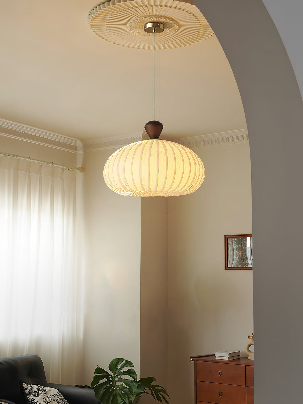 Ovola Pleated Pendant Light – Modern Wood & Fabric Drum Shade