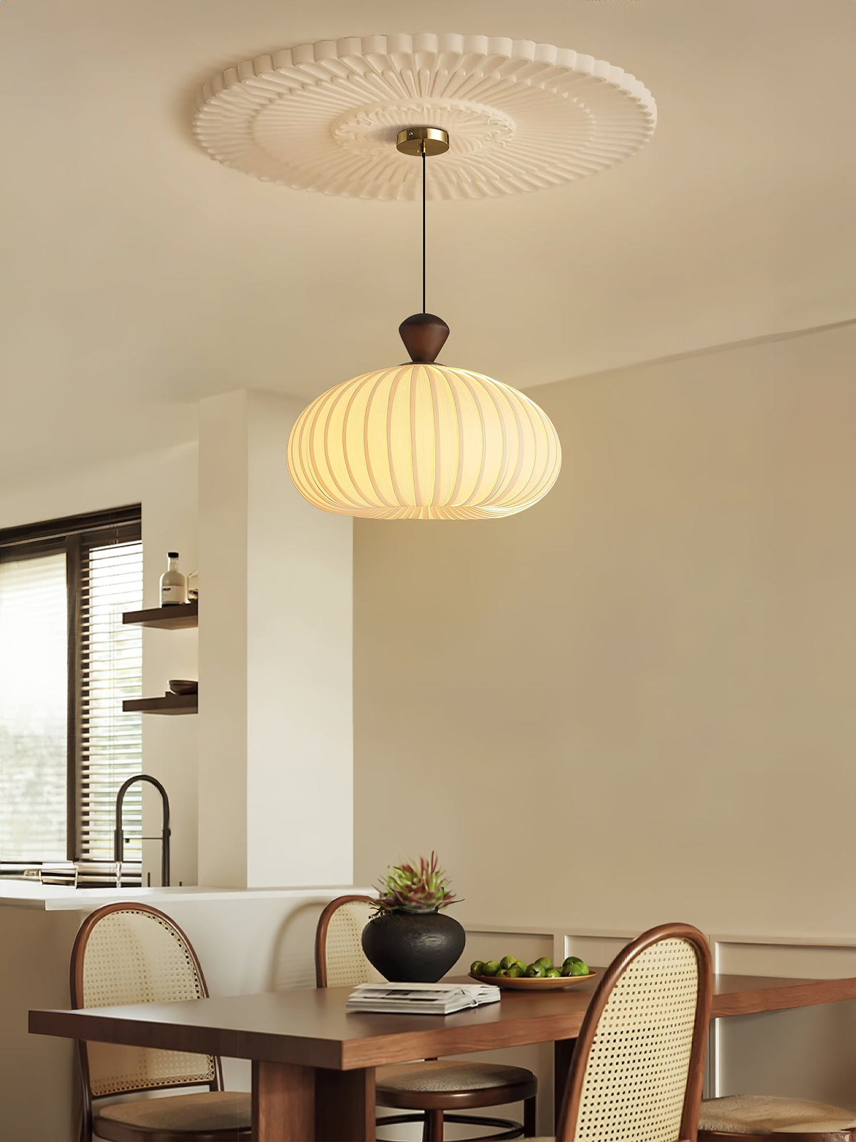 Ovola Pleated Pendant Light – Modern Wood & Fabric Drum Shade