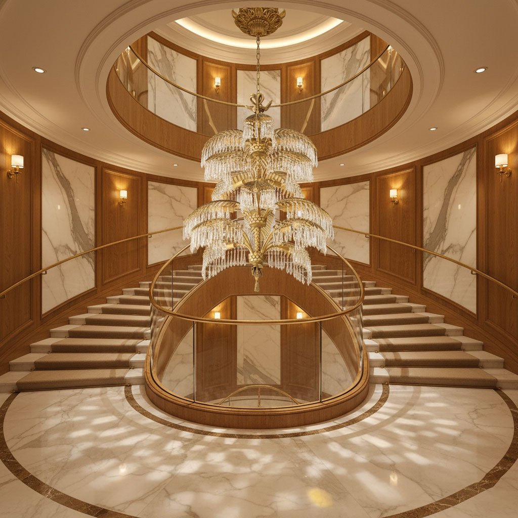 Palmera Brass Chandelier – Art Deco Crystal Palm Frond Light