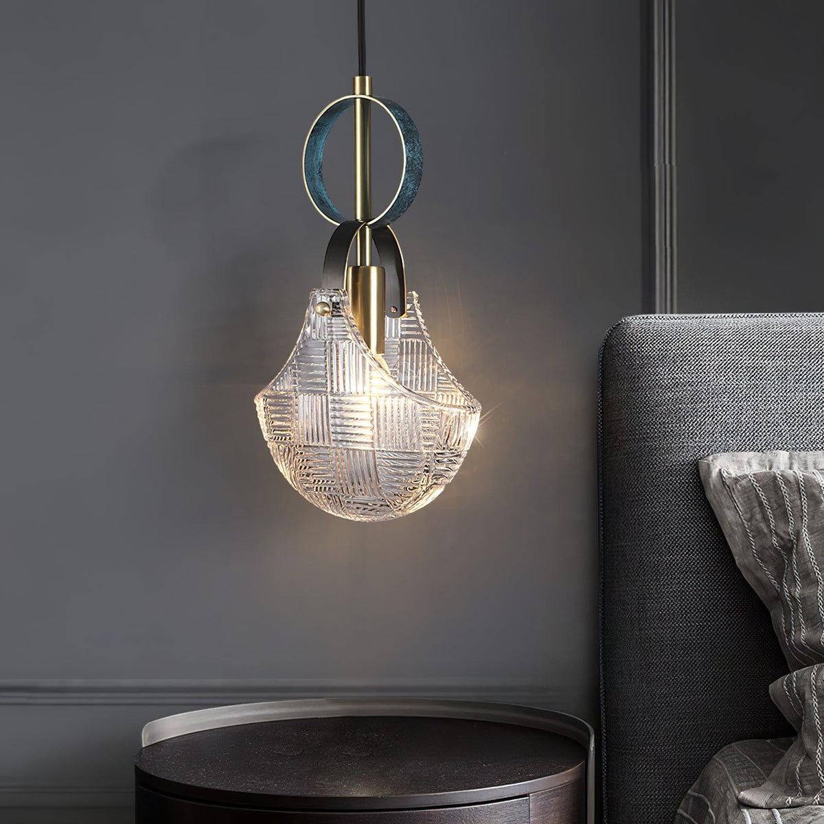 Parson Pendant Light in Blue Brass with Curved Glass Shade