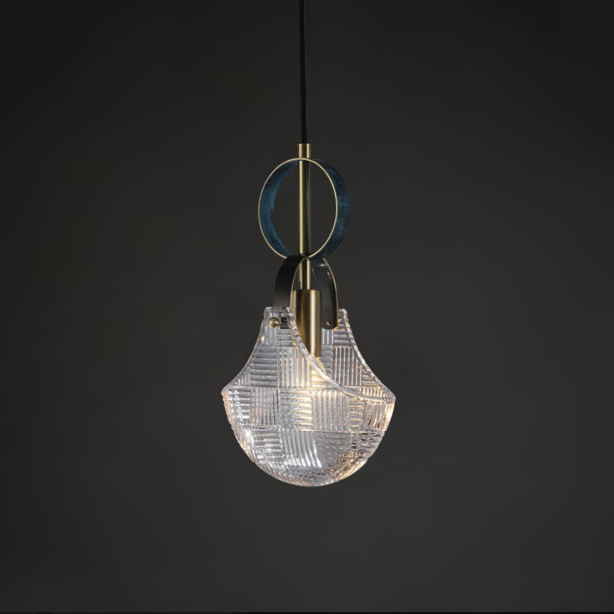 Parson Pendant Light in Blue Brass with Curved Glass Shade