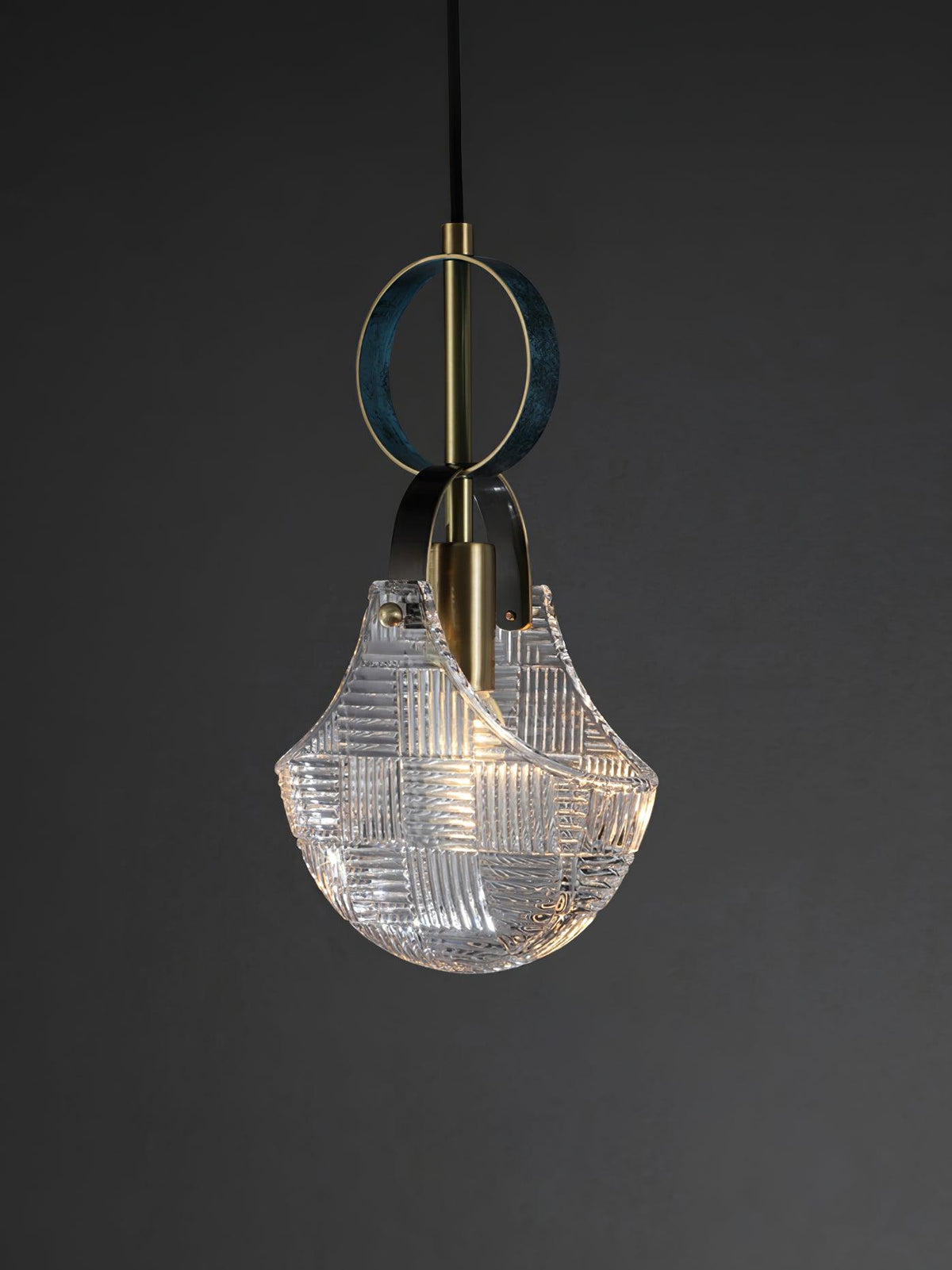 Parson Pendant Light in Blue Brass with Curved Glass Shade