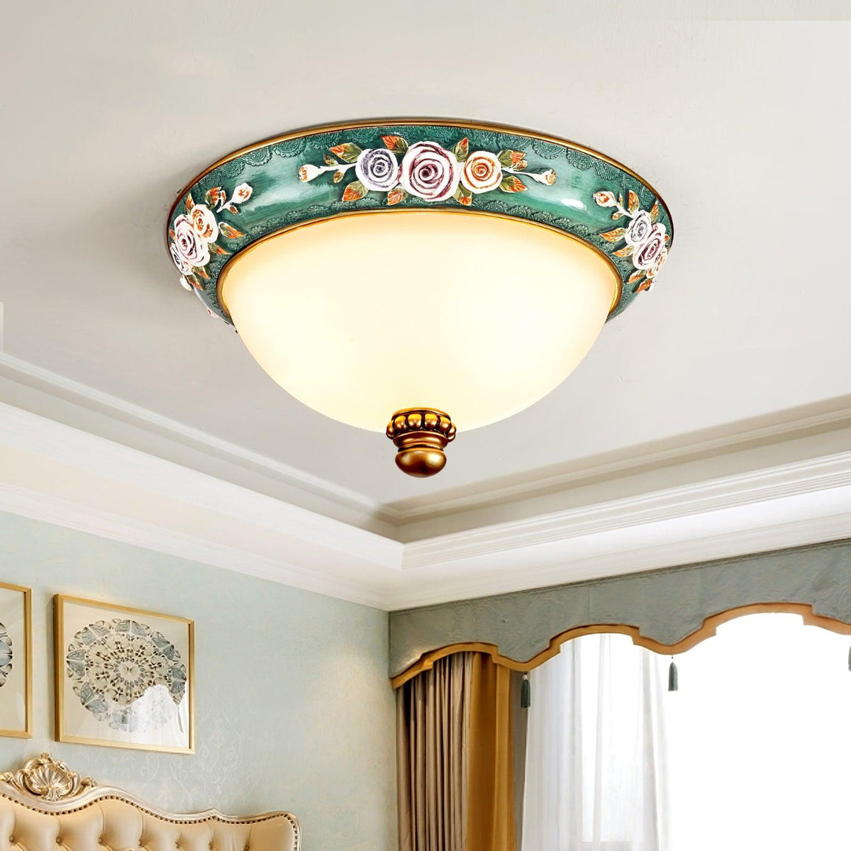 Pastoral Bowl Flush Mount Ceiling Light in Blue and White Glass