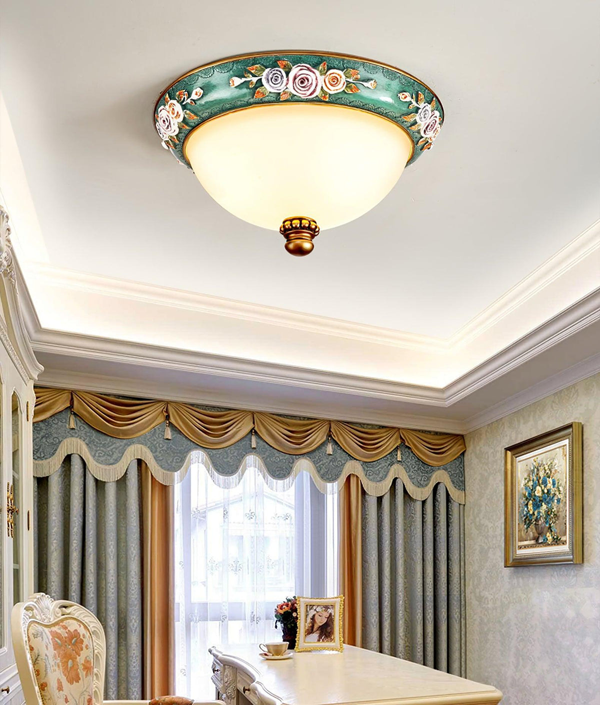 Pastoral Bowl Flush Mount Ceiling Light in Blue and White Glass