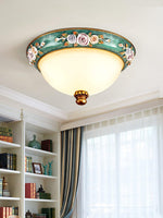 Pastoral Bowl Flush Mount Ceiling Light in Blue and White Glass