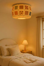 Patchwork Quilt Fabric Drum Ceiling Light for Bedroom and Living Room