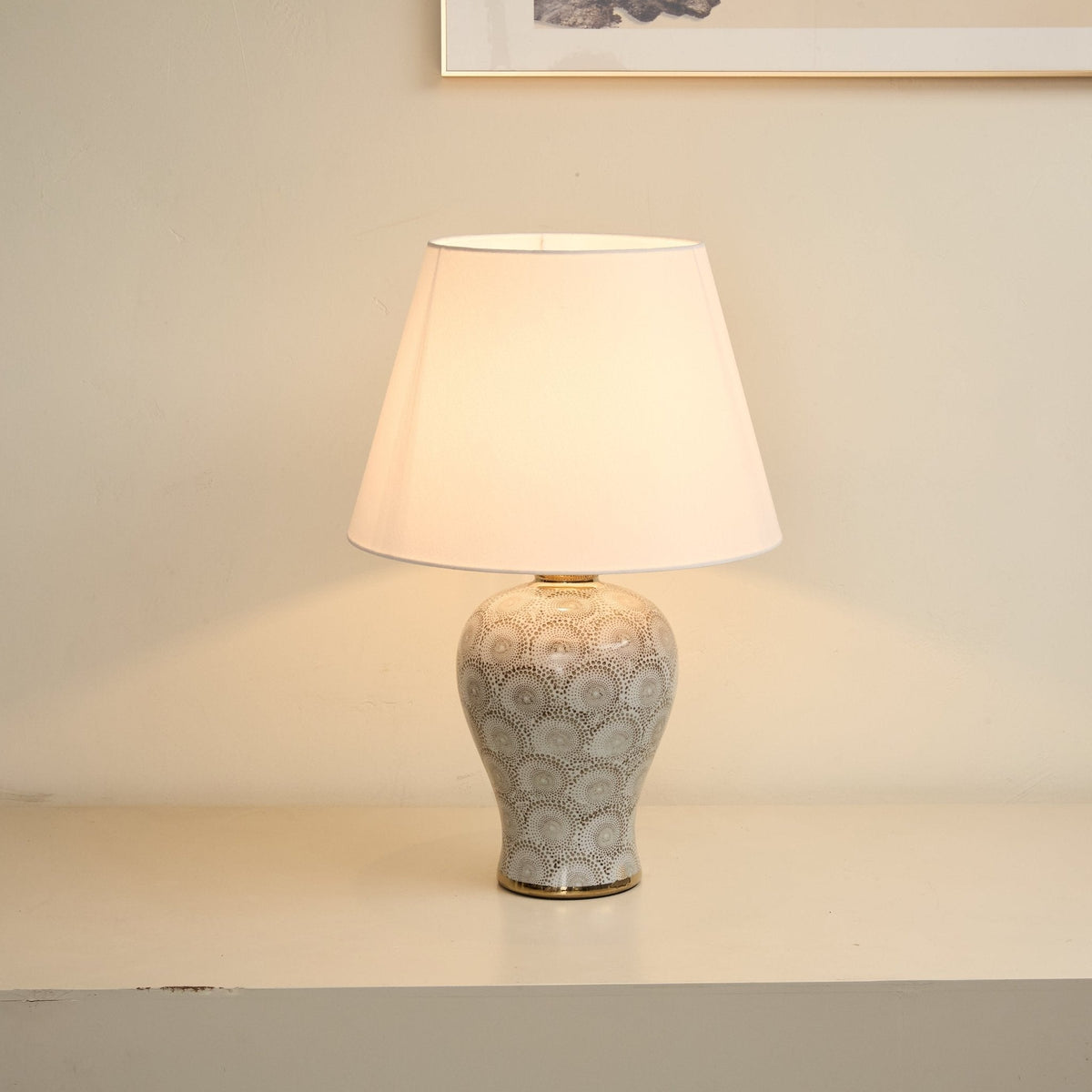 Artisan Ceramic Table Lamp with Patterned Vase Base and Beige Linen Shade