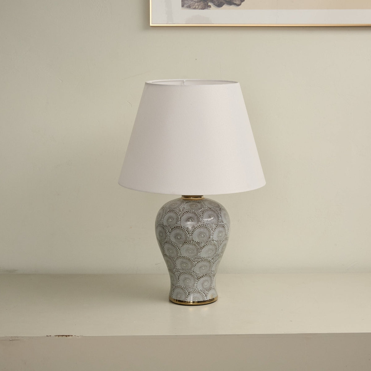 Artisan Ceramic Table Lamp with Patterned Vase Base and Beige Linen Shade