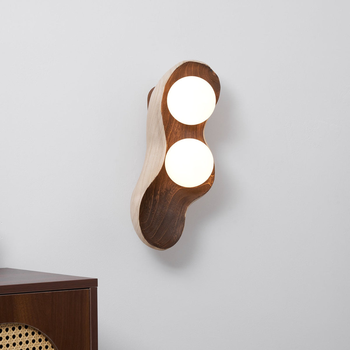 Dualis Rootlight Wall Sconce – Sculptural Walnut Wood & Opal Glass