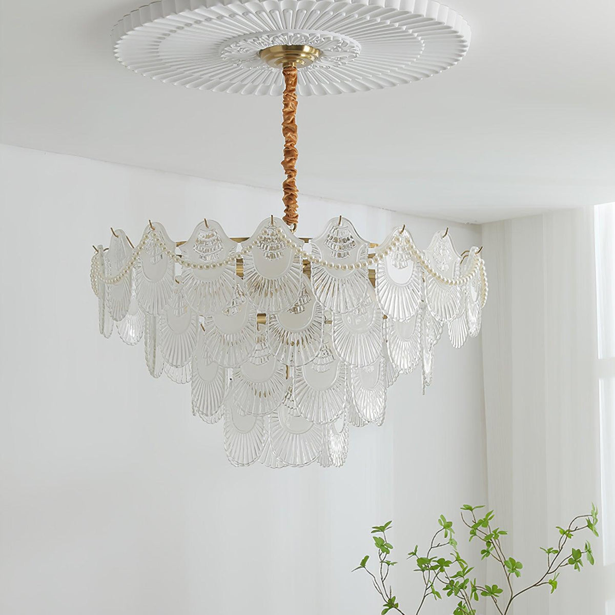 Pearl Glass Shell Chandelier – Modern Copper & Glass Pendant Light for Dining Room and Living Room
