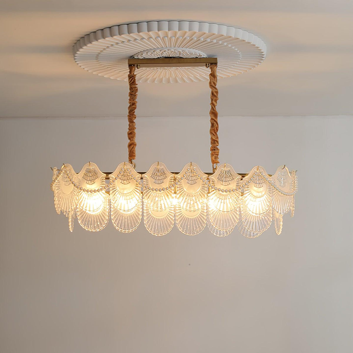 Pearl Glass Shell Chandelier – Modern Copper & Glass Pendant Light for Dining Room and Living Room