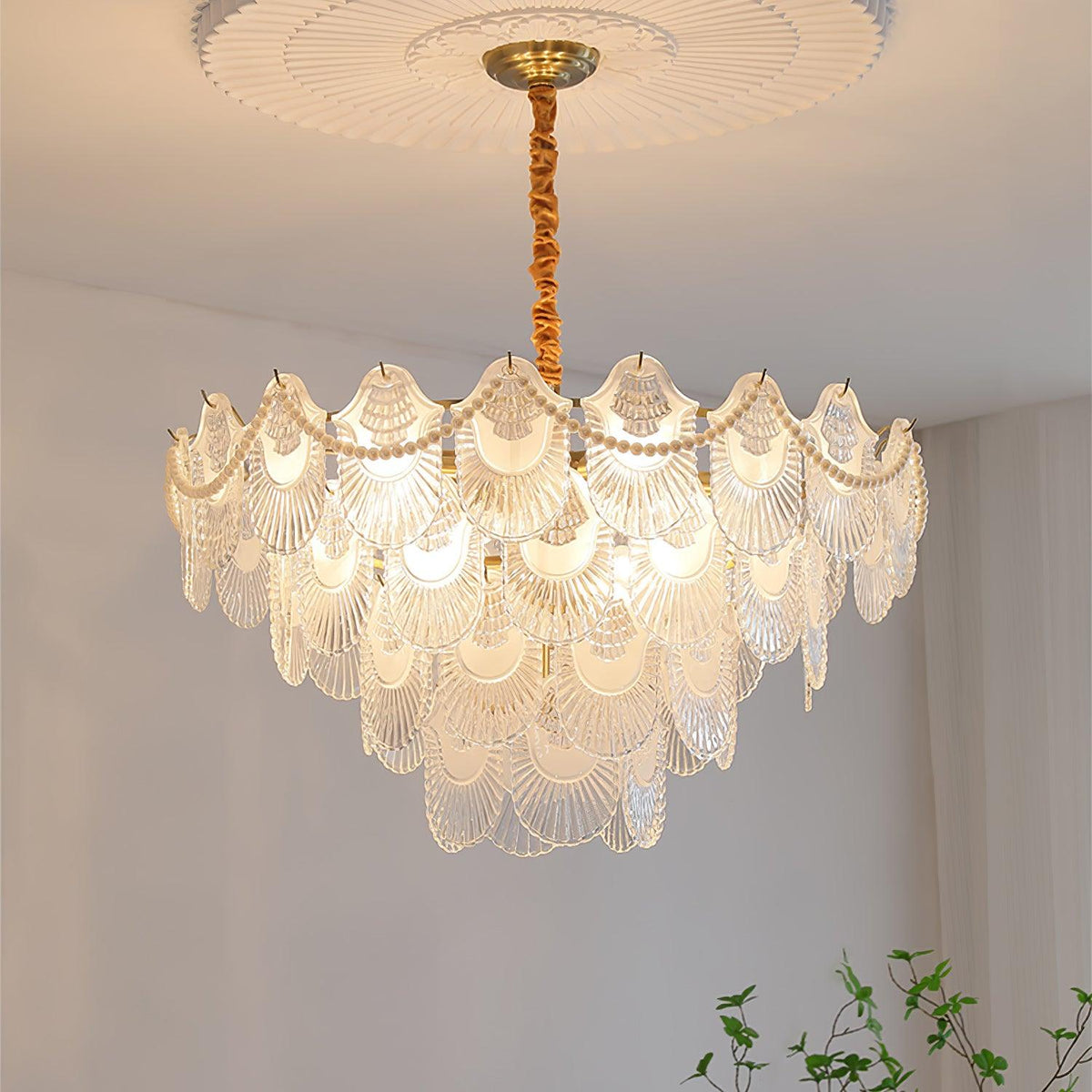 Pearl Glass Shell Chandelier – Modern Copper & Glass Pendant Light for Dining Room and Living Room