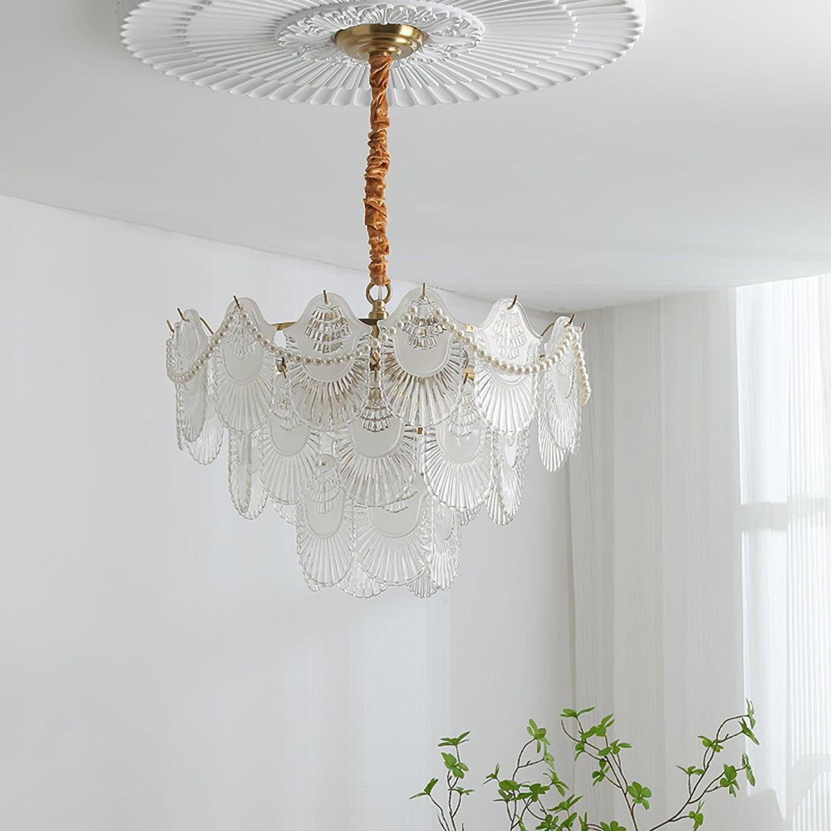 Pearl Glass Shell Chandelier – Modern Copper & Glass Pendant Light for Dining Room and Living Room