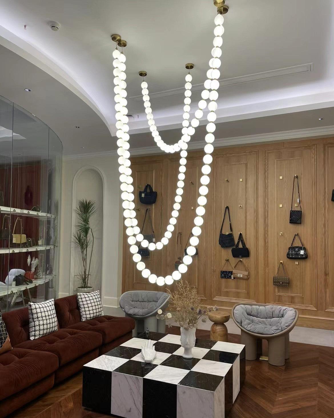 Pearl Necklace Acrylic Ball Chandelier, Modern Gold LED Pendant Light