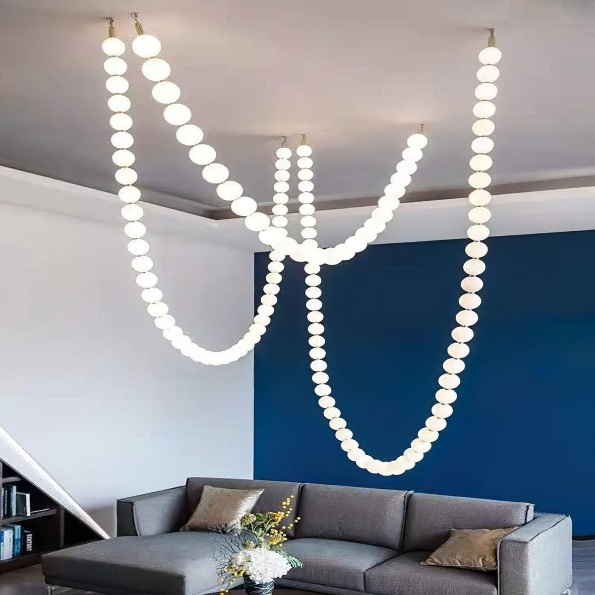 Pearl Necklace Acrylic Ball Chandelier, Modern Gold LED Pendant Light